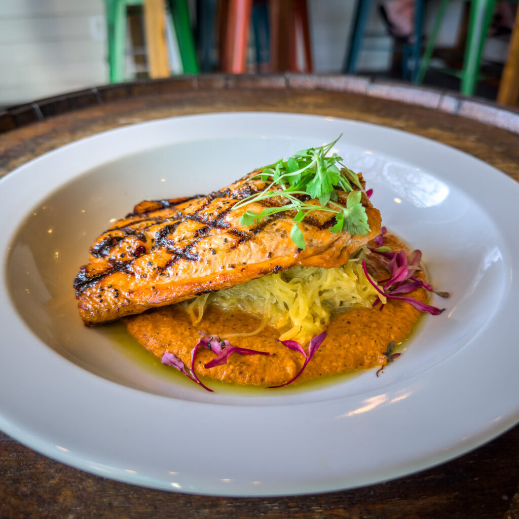 Smile Farms Spaghetti Squash with Arctic Char, butter pesto and romescoe