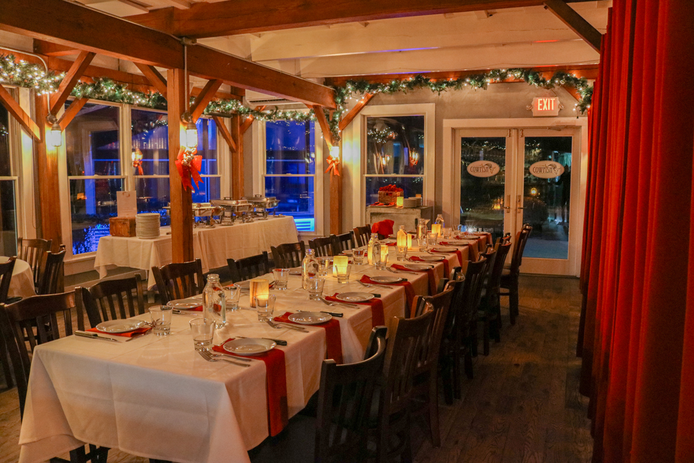 Cowfish dining room decorated for the holidays, a waterfront holiday party venue in Hampton Bays
